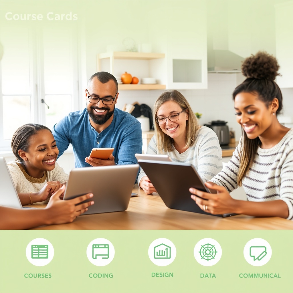 Learners using laptops with course cards and skill icons overlaid